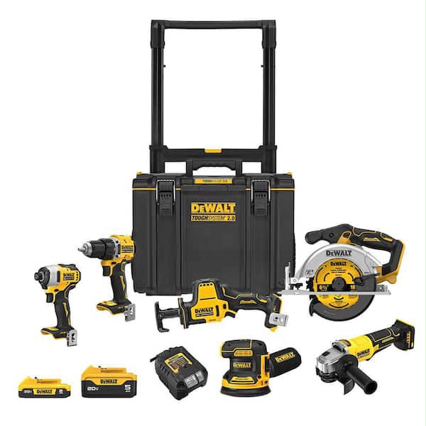 Kit combinado inalámbrico de 6 herramientas de 20 V con batería de iones de litio de 5,0 Ah y 2,0 Ah, cargador y caja de herramientas rodante Tough System 2.0.