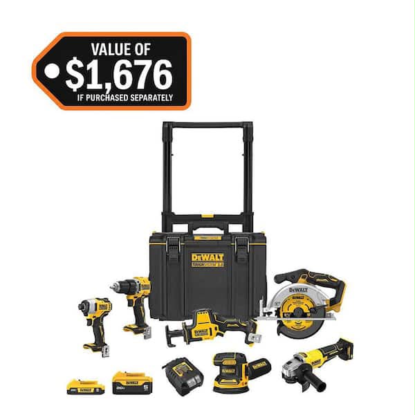 Kit combinado inalámbrico de 6 herramientas de 20 V con batería de iones de litio de 5,0 Ah y 2,0 Ah, cargador y caja de herramientas rodante Tough System 2.0.