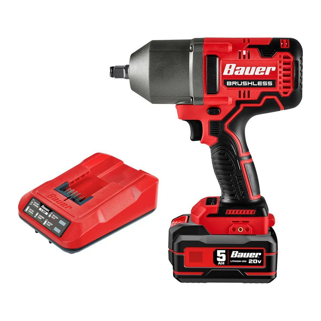 Kit de llave de impacto inalámbrica sin escobillas BAUER de 20 V y 1/2 pulgada de alto torque con batería de 5 Ah y cargador.