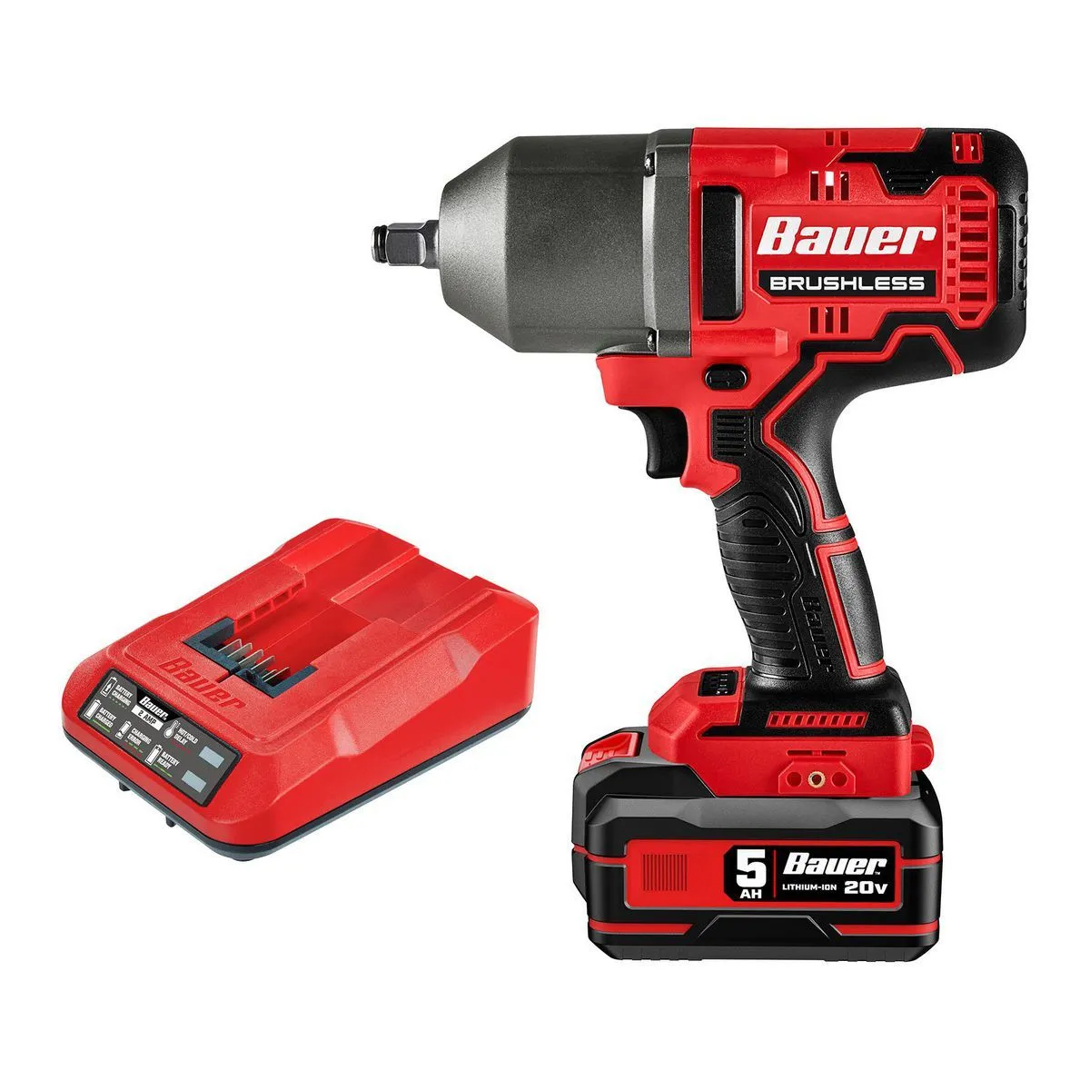 Kit de llave de impacto inalámbrica sin escobillas BAUER de 20 V y 1/2 pulgada de alto torque con batería de 5 Ah y cargador.