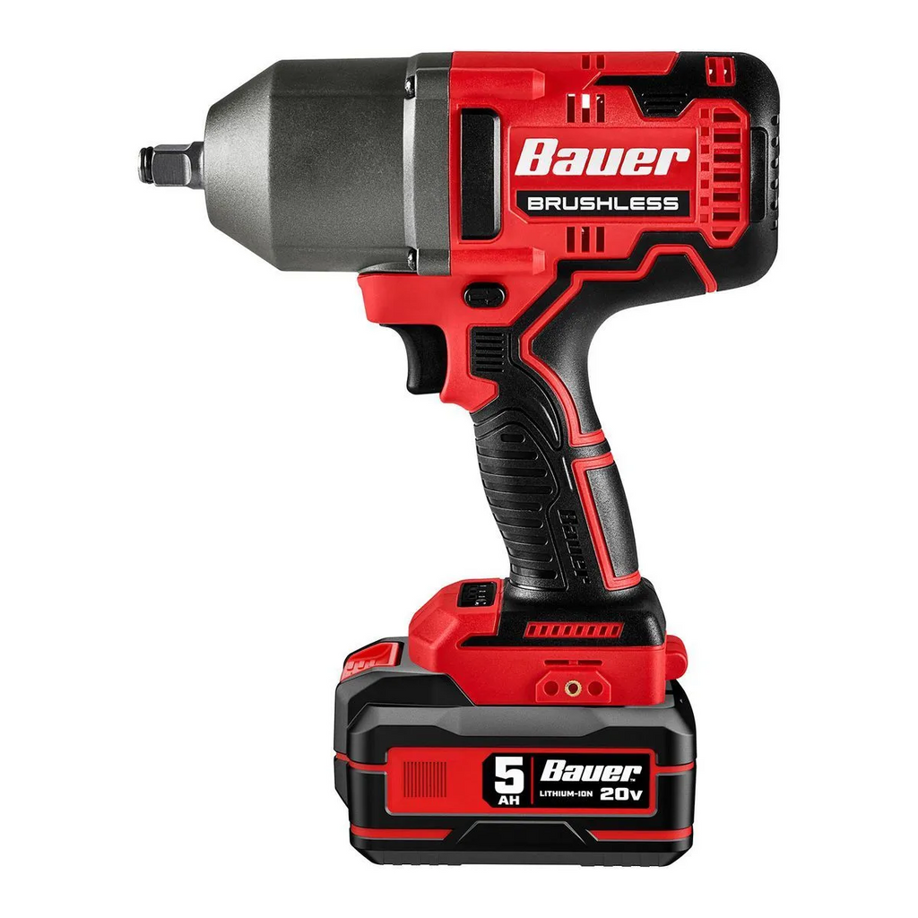 Kit de llave de impacto inalámbrica sin escobillas BAUER de 20 V y 1/2 pulgada de alto torque con batería de 5 Ah y cargador.