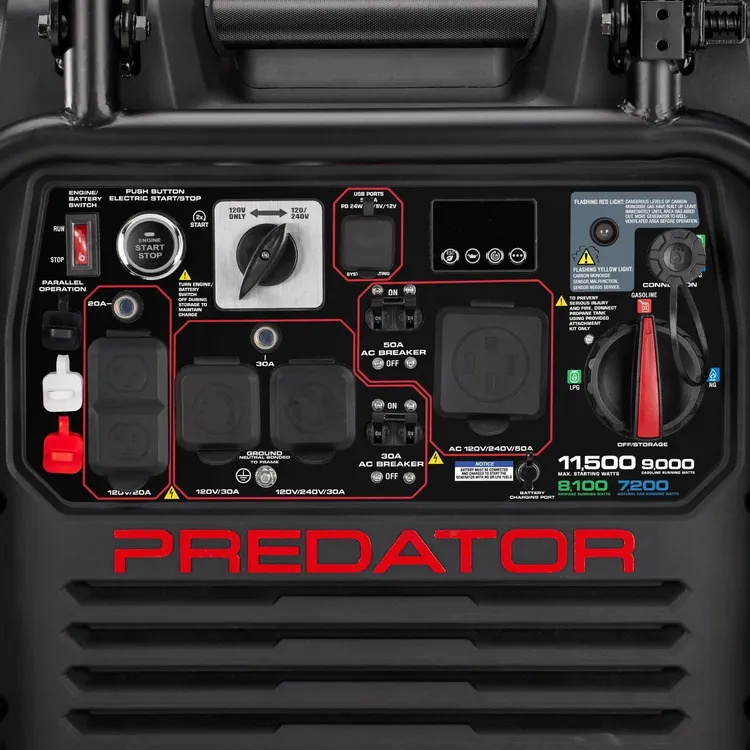 GENERADOR INVERSOR PREDATOR de 11.500 vatios, trifuel, súper silencioso, con arranque remoto y tecnología CO SECURE.