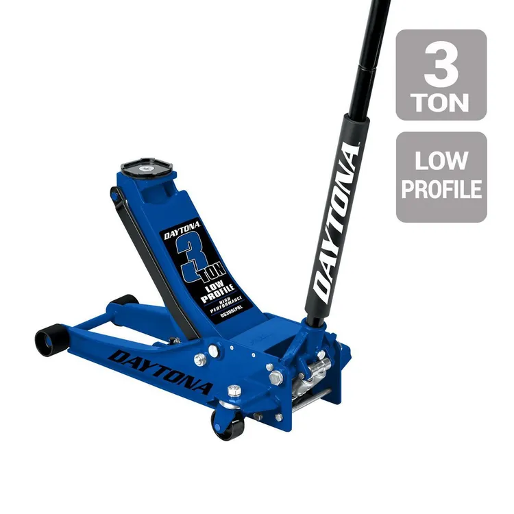 Gato hidráulico profesional de perfil bajo DAYTONA de 3 toneladas con bomba rápida, color azul.