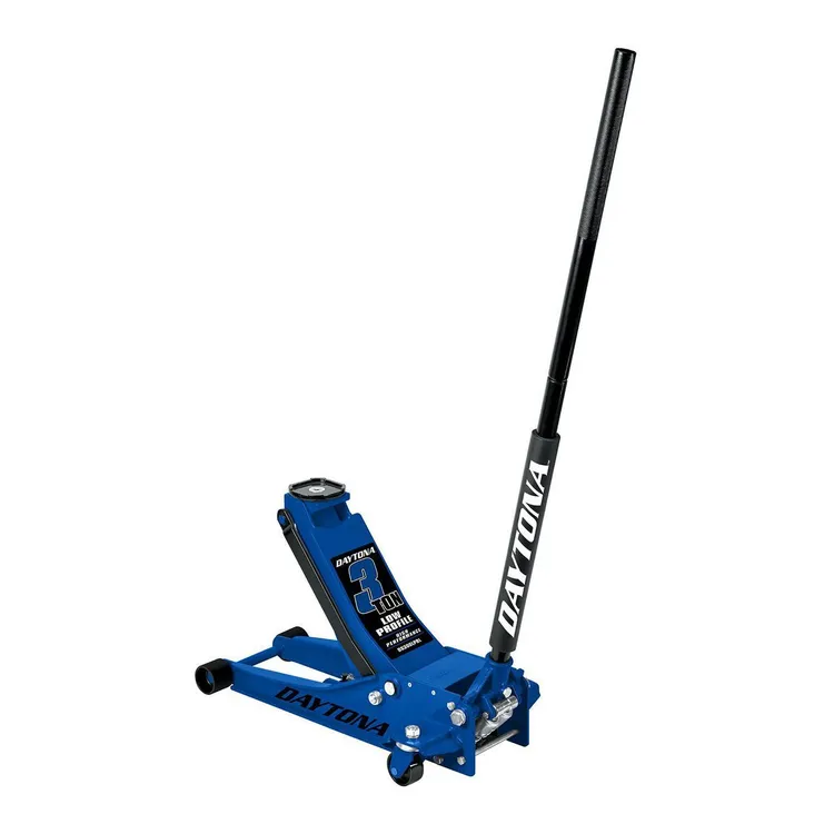 Gato hidráulico profesional de perfil bajo DAYTONA de 3 toneladas con bomba rápida, color azul.