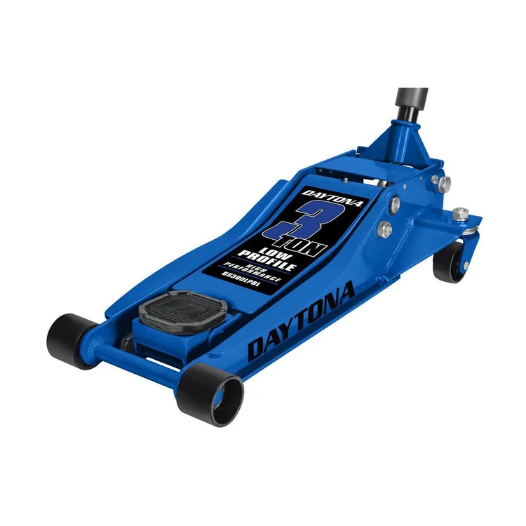 Gato hidráulico profesional de perfil bajo DAYTONA de 3 toneladas con bomba rápida, color azul.