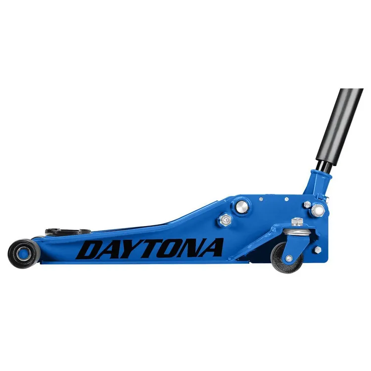 Gato hidráulico profesional de perfil bajo DAYTONA de 3 toneladas con bomba rápida, color azul.
