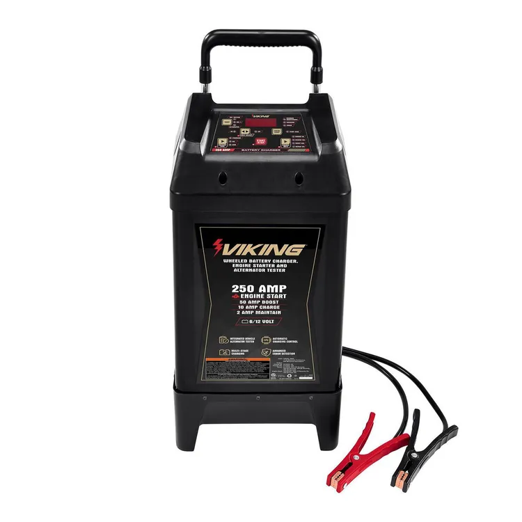 Cargador de baterías con ruedas VIKING de 250 amperios y 6/12 V, arrancador de motor y probador de alternador.