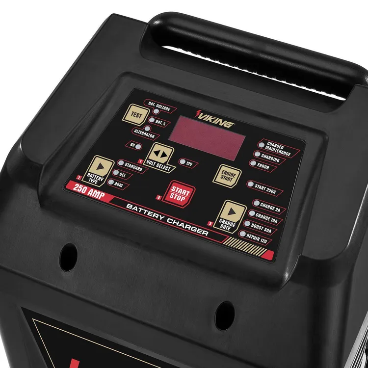 Cargador de baterías con ruedas VIKING de 250 amperios y 6/12 V, arrancador de motor y probador de alternador.